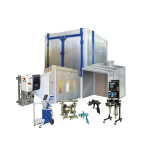 Paint and Powder Spray Booths, Batch Ovens, Graco 2KE Meter, Binks Automatic Spray Guns, Pneumatic Graco Pump.