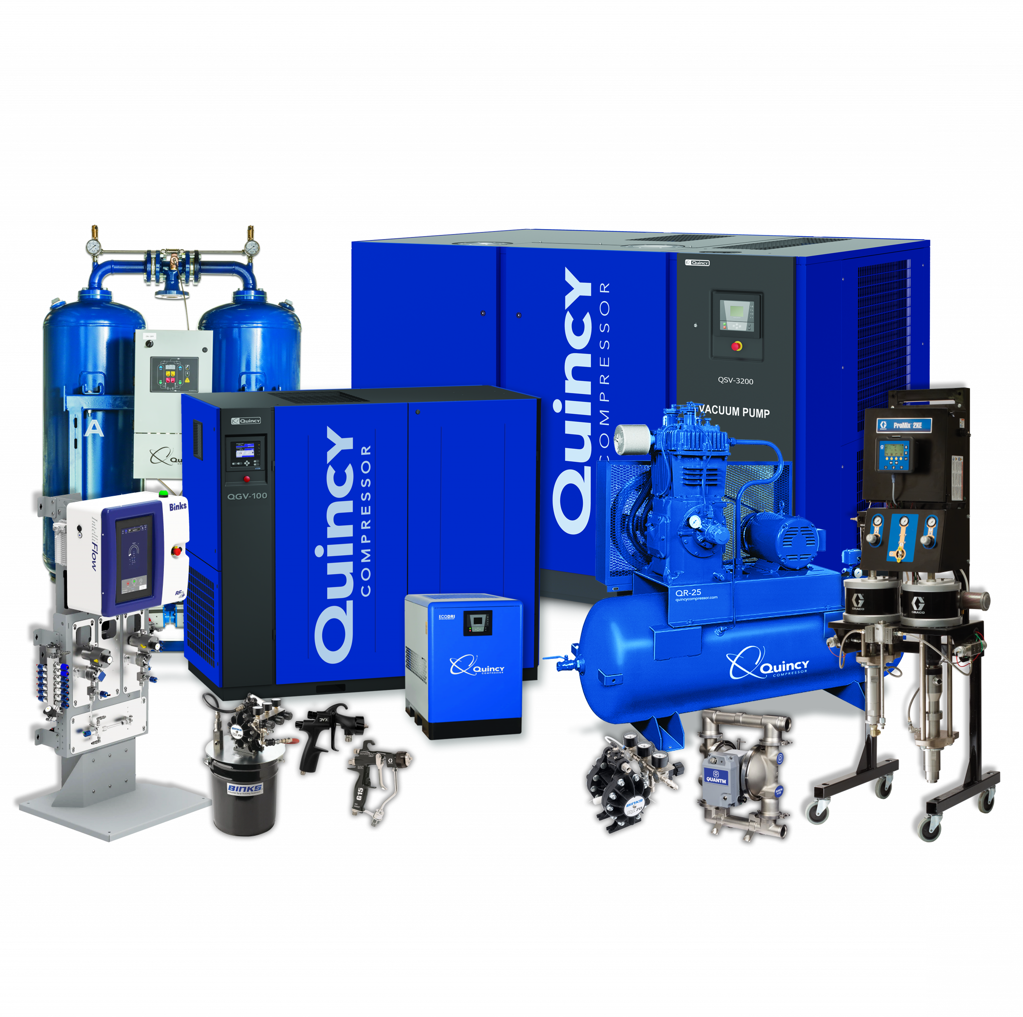 Quincy Compressed Air, Vacuum Pumps, Reciprocating Air Compressors, Air Treatment Dryers, Graco 2KE fluid system and Binks RM2 fluid dispensary. 